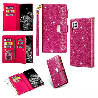 Glitter starry phone wallet case with zipper, card slots, and lanyard, rose red