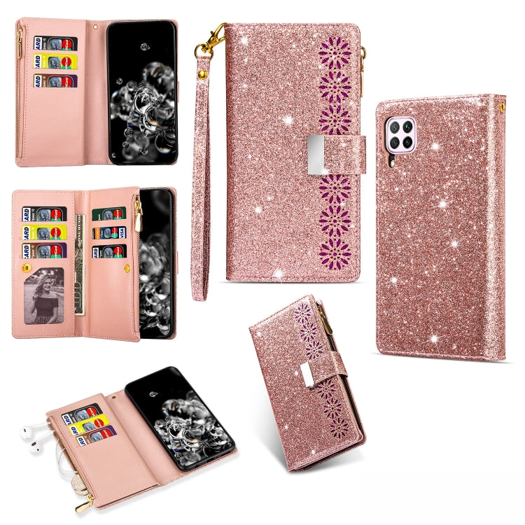 Glitter starry phone wallet case with zipper, card slots, and lanyard, rose gold