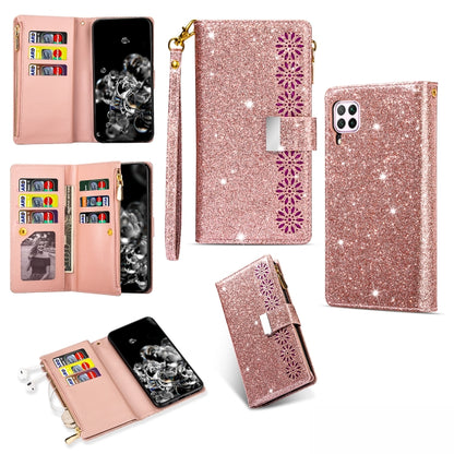 Glitter starry phone wallet case with zipper, card slots, and lanyard, rose gold