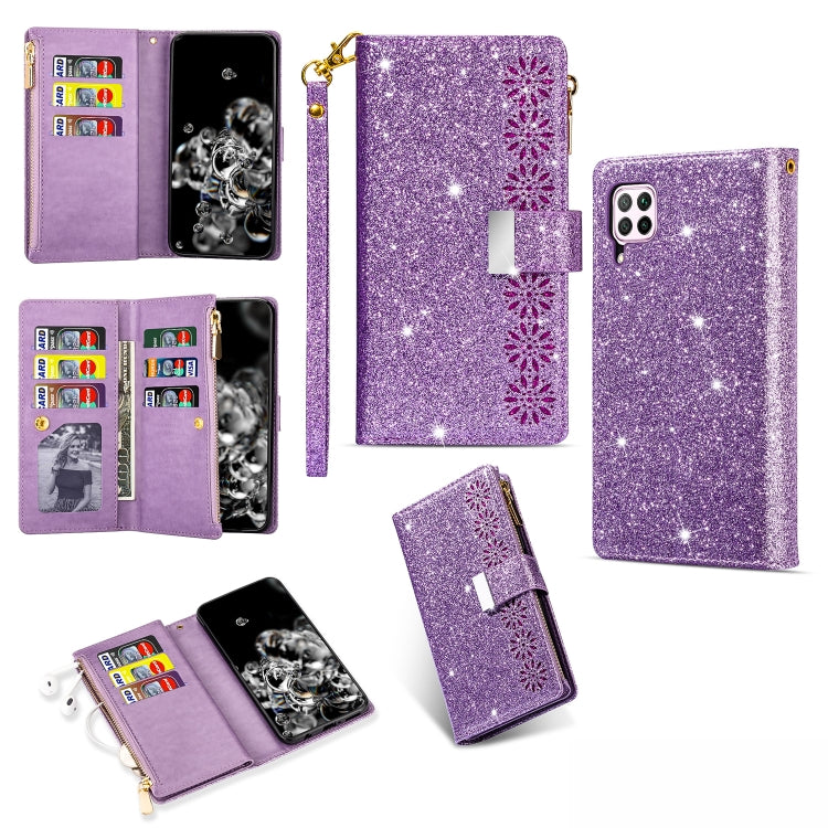 Glitter starry phone wallet case with zipper, card slots, and lanyard, purple