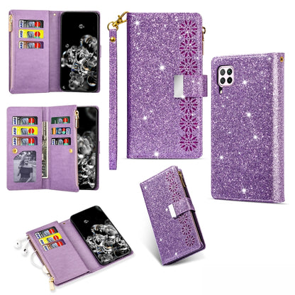 Glitter starry phone wallet case with zipper, card slots, and lanyard, purple