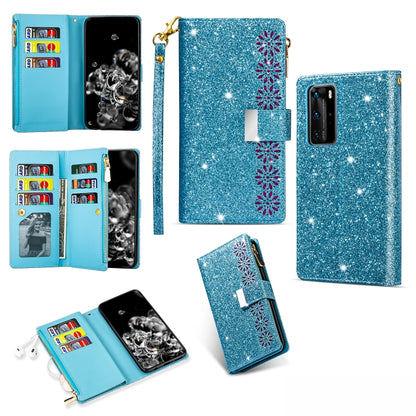 Glitter starry phone wallet case with zipper, card slots, and lanyard, sky blue