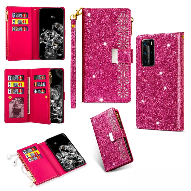 Glitter starry phone wallet case with zipper, card slots, and lanyard, rose red