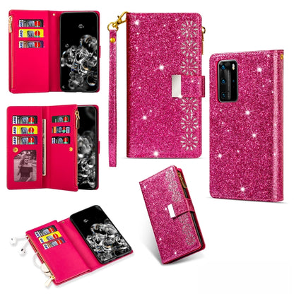 Glitter starry phone wallet case with zipper, card slots, and lanyard, rose red