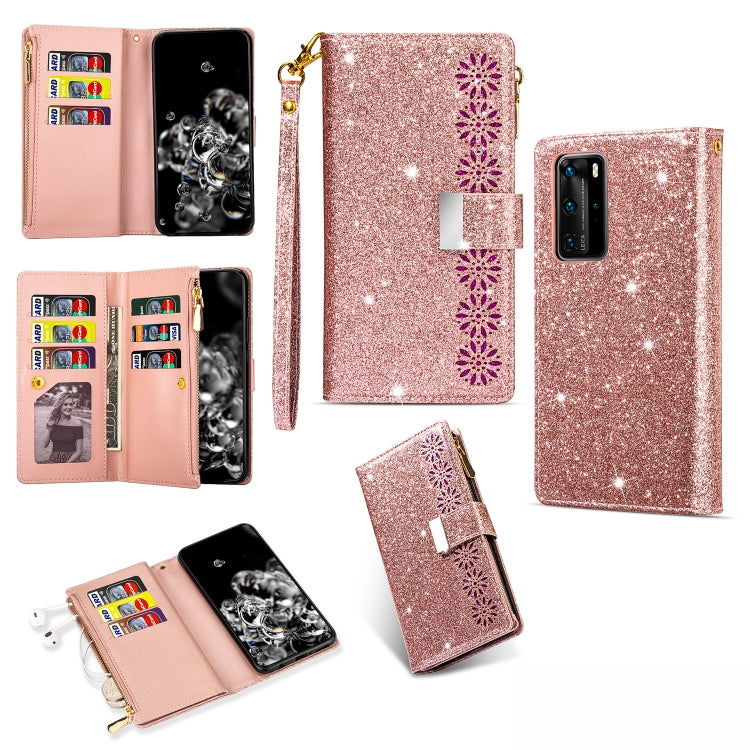 Glitter starry phone wallet case with zipper, card slots, and lanyard, rose gold
