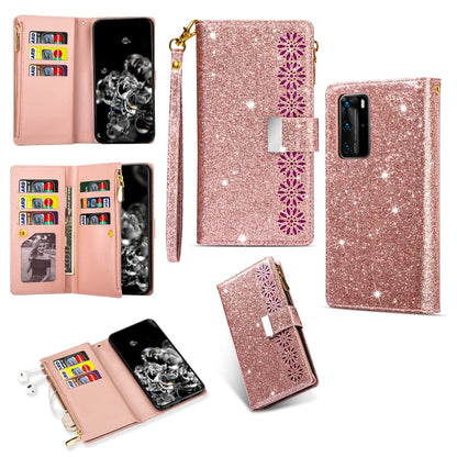 Glitter starry phone wallet case with zipper, card slots, and lanyard, rose gold
