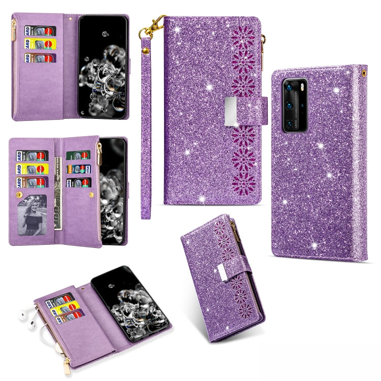 Glitter starry phone wallet case with zipper, card slots, and lanyard, purple