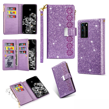 Glitter starry phone wallet case with zipper, card slots, and lanyard, purple