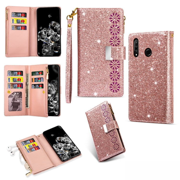 Glitter starry sky flip phone wallet case with card slots, zipper, and lanyard, rose gold