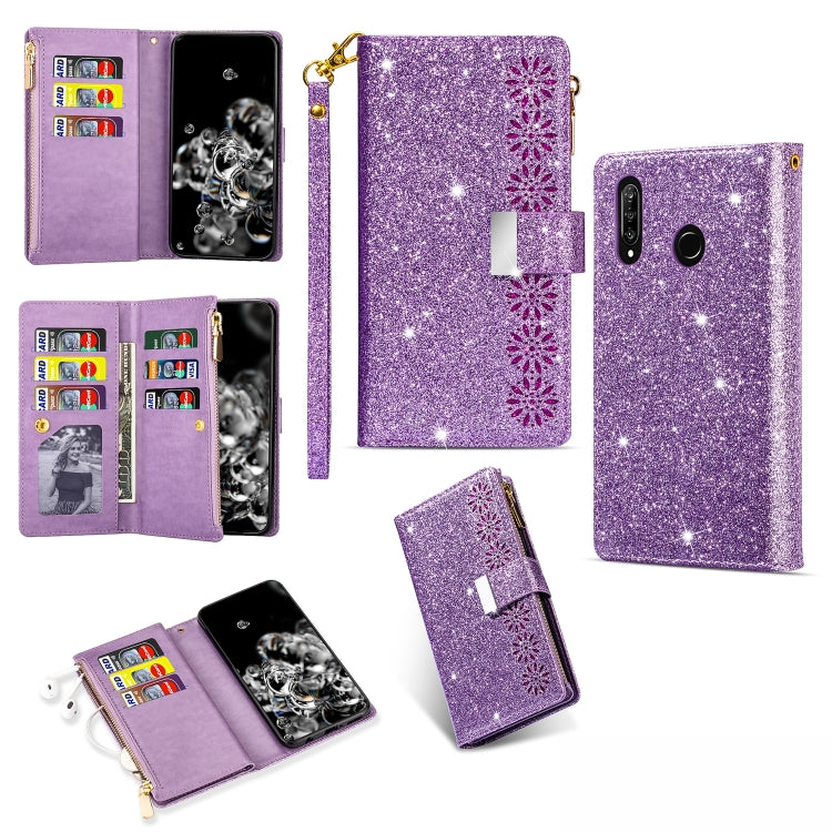Glitter starry sky flip phone wallet case with card slots, zipper, and lanyard, purple
