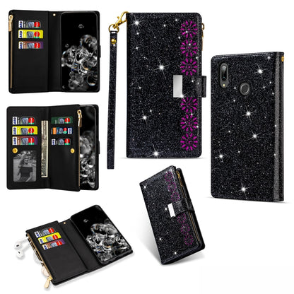 Glitter starry sky flip phone wallet case with card slots, zipper, and lanyard, black