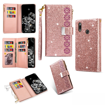 Glitter starry sky flip phone wallet case with card slots, zipper, and lanyard, rose gold