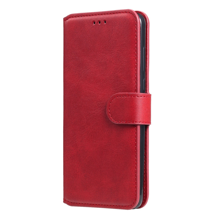 Red flip wallet phone case with holder strap and textured leather finish