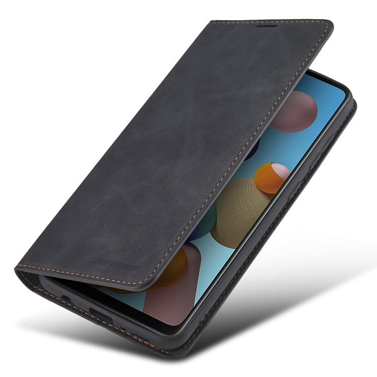 Black flip phone wallet case open, holding phone with horizontal viewing stand