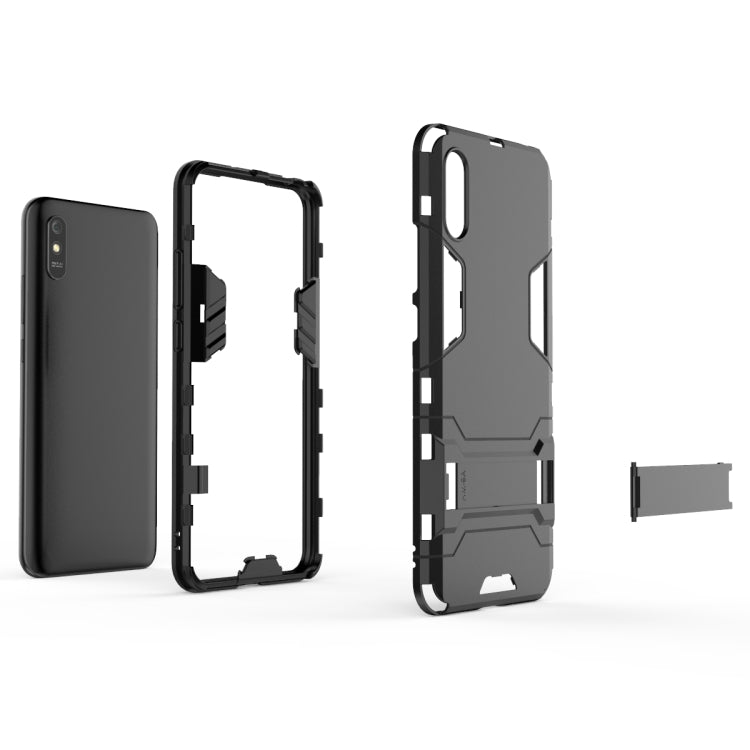 Rugged shockproof phone case frame with cutouts and stand, black