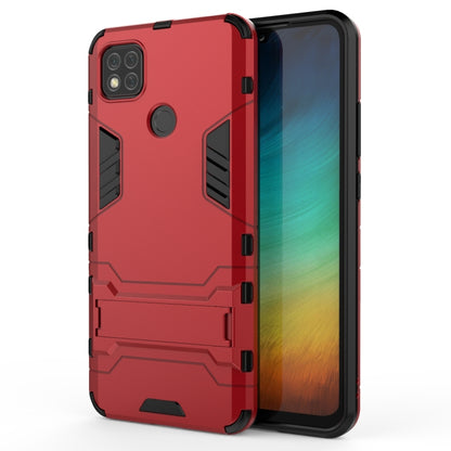 Red rugged shockproof phone case with holder, black accents and camera cutouts