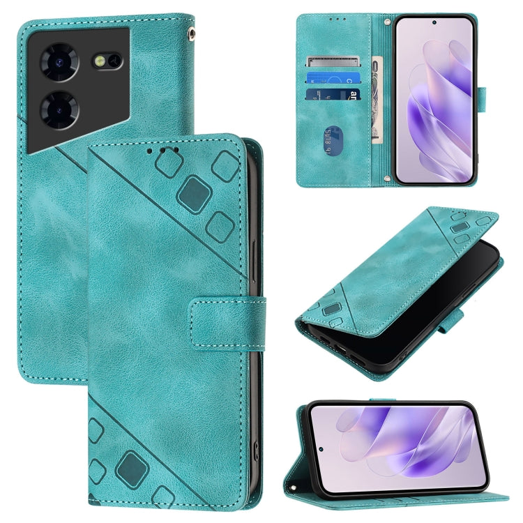 Teal embossed leather phone case with magnetic flap, card slots, and phone view window
