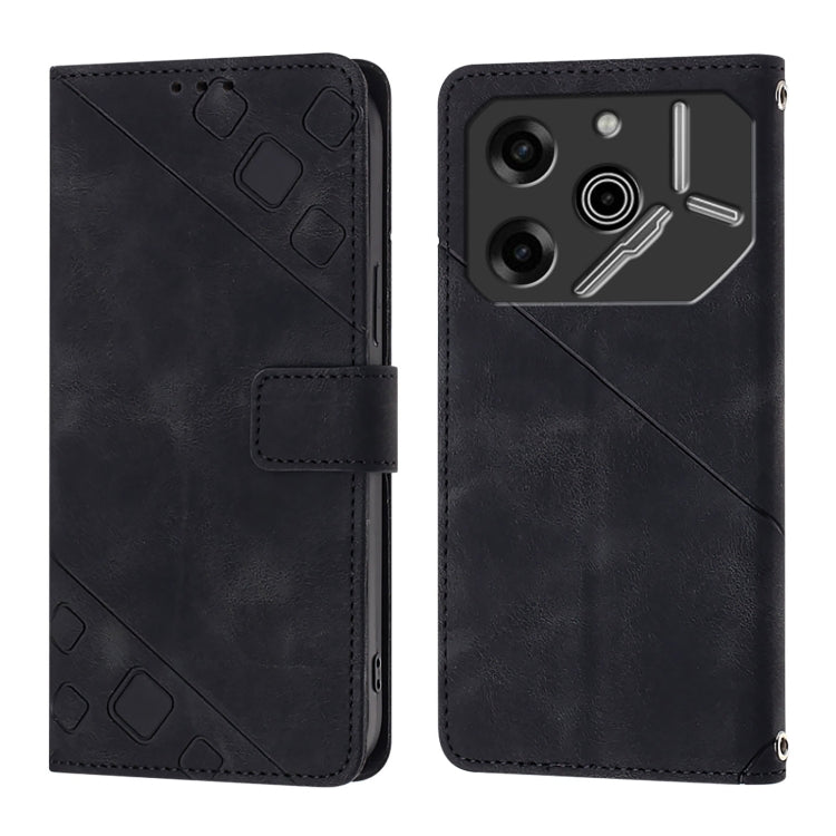Black embossed leather wallet phone case, front flap and back camera cutouts view