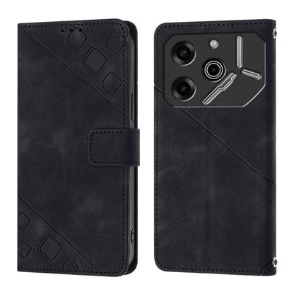 Black embossed leather wallet phone case, front flap and back camera cutouts view