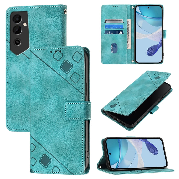 Embossed leather folio phone case in teal with card slots and flip cover