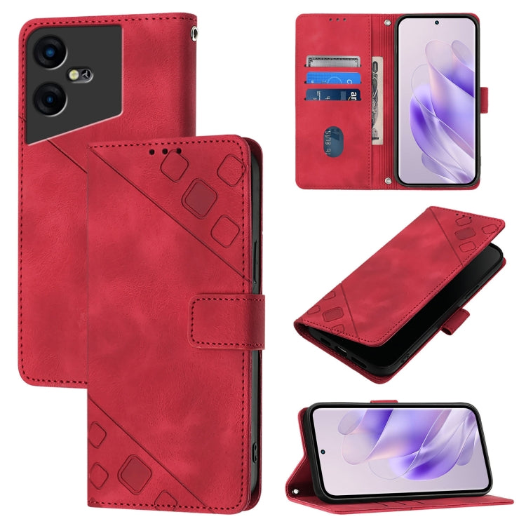 Embossed leather phone case with folio wallet design, red; card slots inside.