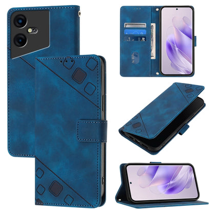 Embossed leather phone case with folio wallet design, blue; card slots inside.