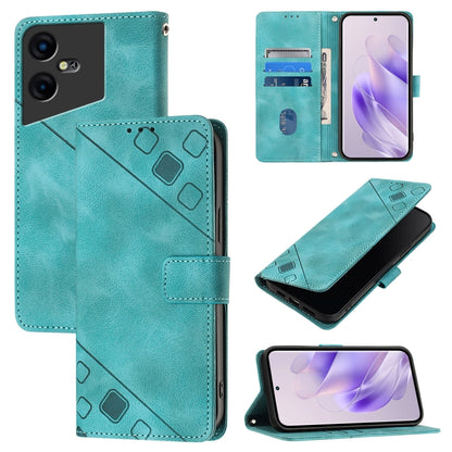 Embossed leather phone case with folio wallet design, teal; card slots inside.