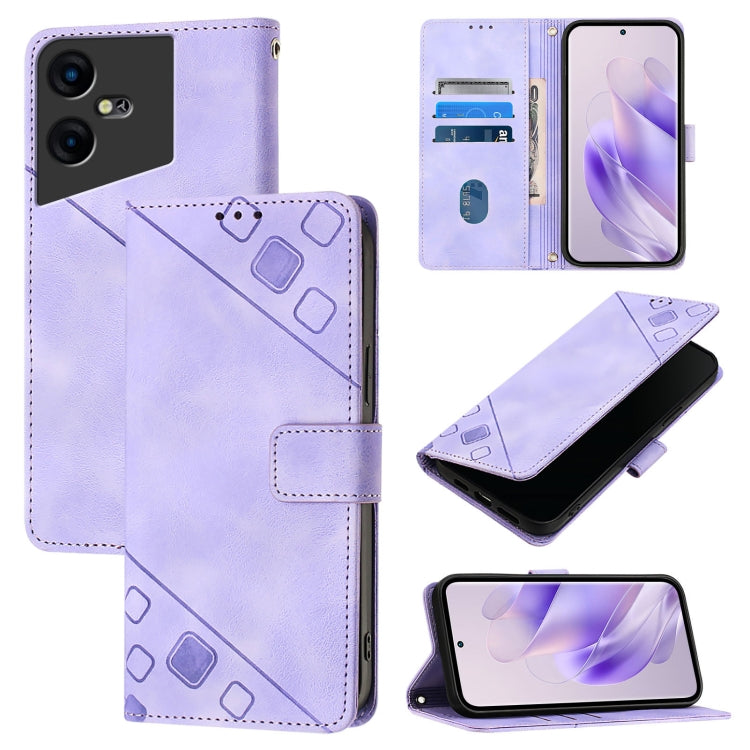 Embossed leather phone case with folio wallet design, light purple; card slots inside.