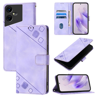 Embossed leather phone case with folio wallet design, light purple; card slots inside.