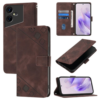 Embossed leather phone case with folio wallet design, brown; card slots inside.
