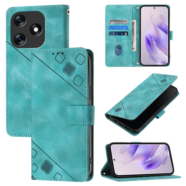 Embossed leather phone case with flip wallet, card slots, and stand; teal