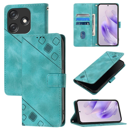 Embossed leather phone case with flip wallet, card slots, and stand; teal