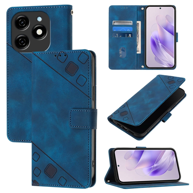Blue embossed leather flip phone case with card slots, magnetic strap, and geometric pattern