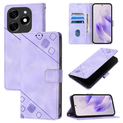 Lavender embossed leather flip phone case with card slots, magnetic strap, and geometric pattern