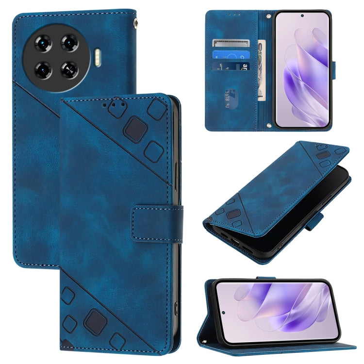 Blue embossed leather folio phone case with card slots and stand