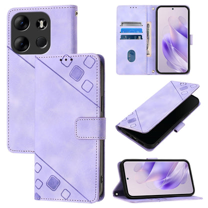 Embossed leather phone case in lavender, flip cover with card slots and viewing stand