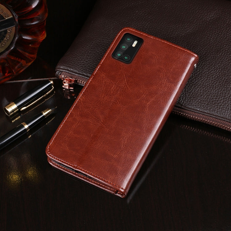 Brown leather flip phone wallet case with phone back cutout and secure front strap