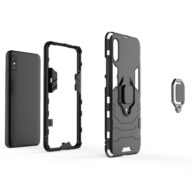 Black protective phone case shown with back cover, frame, and magnetic ring holder