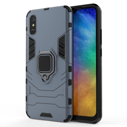 Gray-blue protective phone case with magnetic ring holder and rugged bumper design
