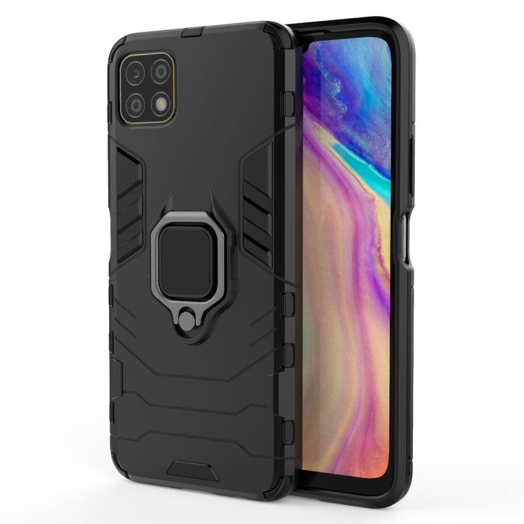Black anti-fall phone case with magnetic ring holder, PC TPU protective cover.