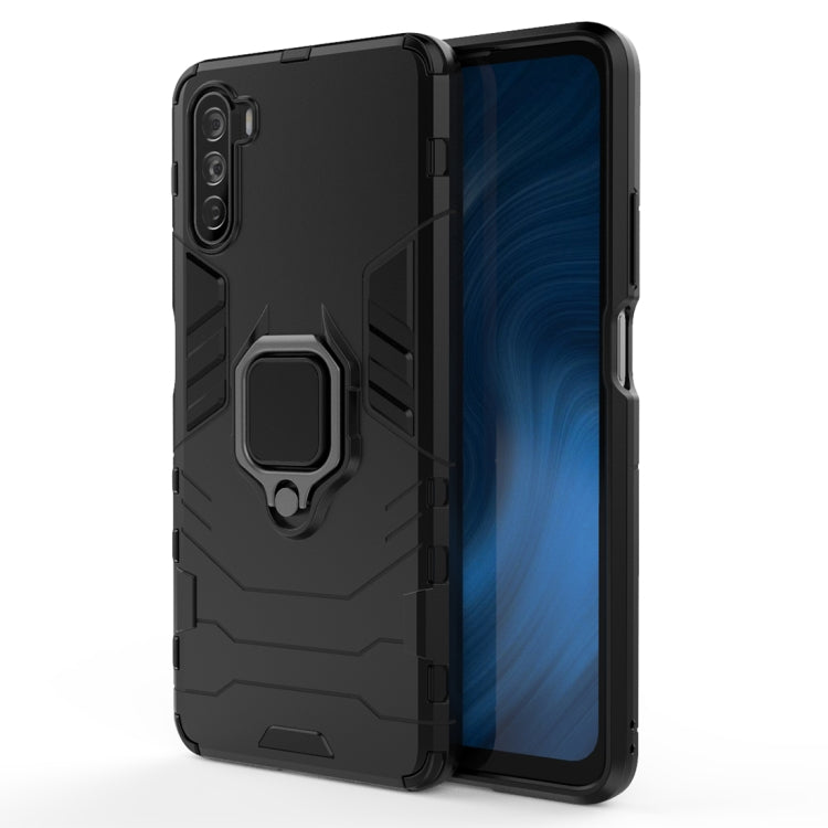 Black anti-fall phone case with magnetic ring holder, rugged PC TPU protective cover.