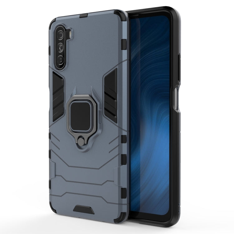 Gray-blue anti-fall phone case with magnetic ring holder, PC TPU protective cover.