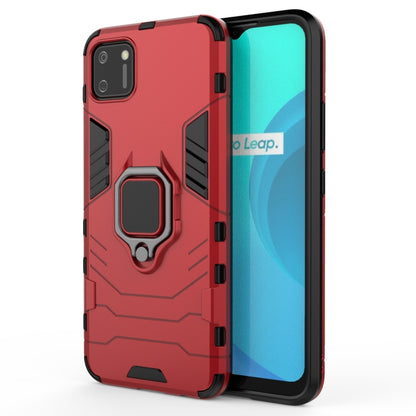Red anti-fall phone case with magnetic ring holder, rugged PC TPU protective cover.