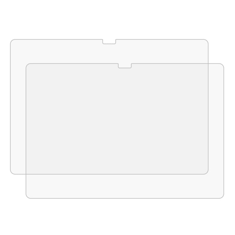 Tablet tempered glass screen protector film, two clear pieces with device cutouts.