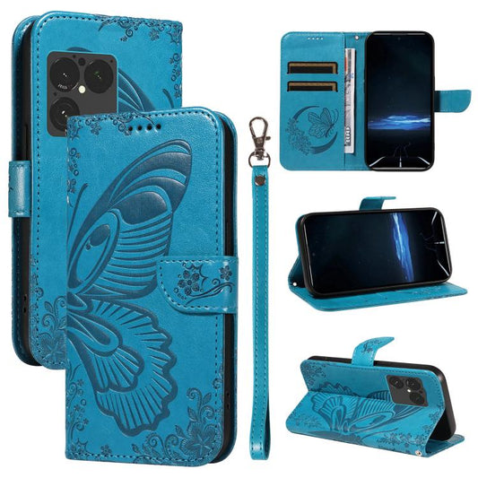 Blue swallowtail butterfly embossed leather folio phone case with flip cover and strap