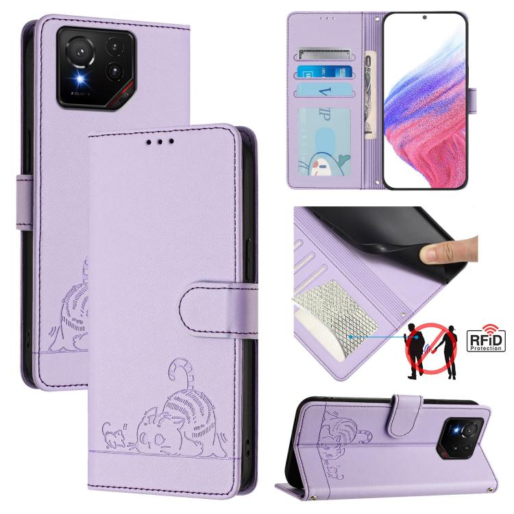 Cat Rat Embossed Pattern RFID Leather Phone Case with Lanyard, For Asus ROG Phone 9 / 9 Pro, For Asus Zenfone 11 Ultra, For Asus ROG Phone 8