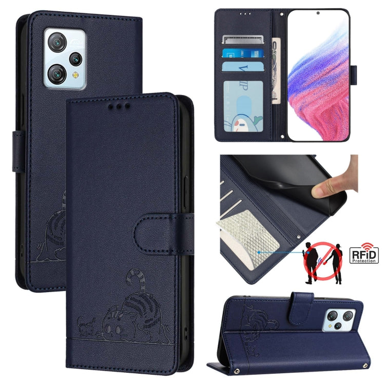 Cat-embossed RFID leather folio phone case in dark navy with card slots and flap