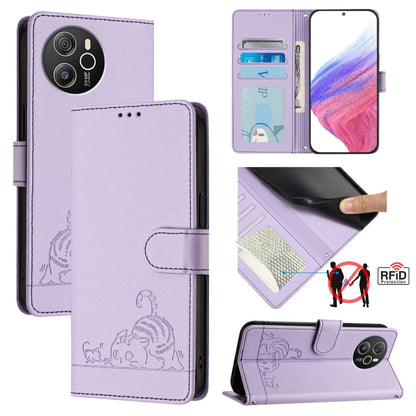 Lavender RFID leather phone case with cat/rat embossed flip cover and lanyard