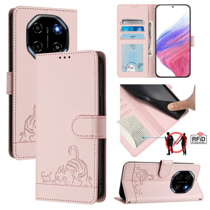 RFID leather phone wallet case with cat-and-rat embossing, lanyard, blush pink.