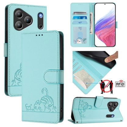 Mint green RFID leather-style phone case with embossed cartoon pattern and lanyard strap